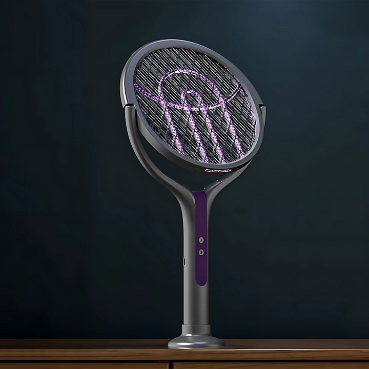 "Raquette électrique anti-insectes 3-en-1 avec lampe UV intégrée et manche télescopique, idéale pour usage intérieur/extérieu