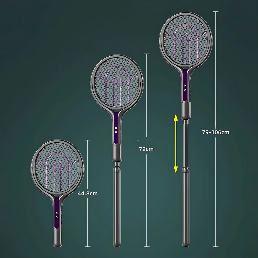 "Raquette électrique anti-insectes 3-en-1 avec lampe UV intégrée et manche télescopique, idéale pour usage intérieur/extérieu