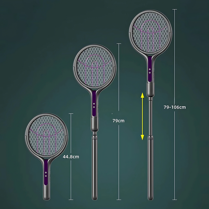 "Raquette électrique anti-insectes 3-en-1 avec lampe UV intégrée et manche télescopique, idéale pour usage intérieur/extérieu