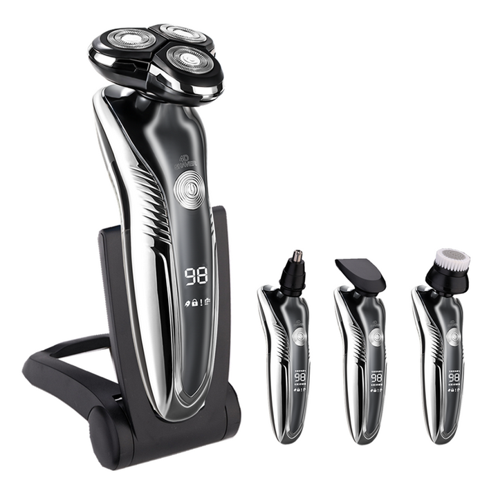 "Rasoir électrique rechargeable élégant, utilisable à sec et humide, design moderne et ergonomique, étanche IPX7."