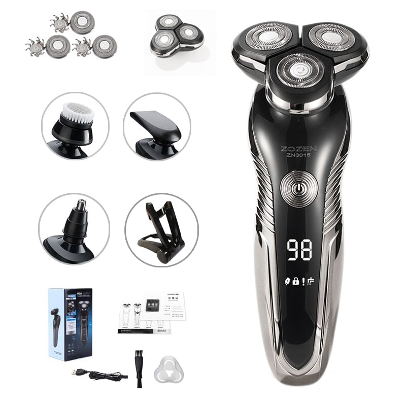 "Rasoir électrique rechargeable élégant, utilisable à sec et humide, design moderne et ergonomique, étanche IPX7."