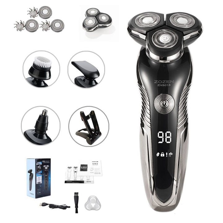 "Rasoir électrique rechargeable élégant, utilisable à sec et humide, design moderne et ergonomique, étanche IPX7."