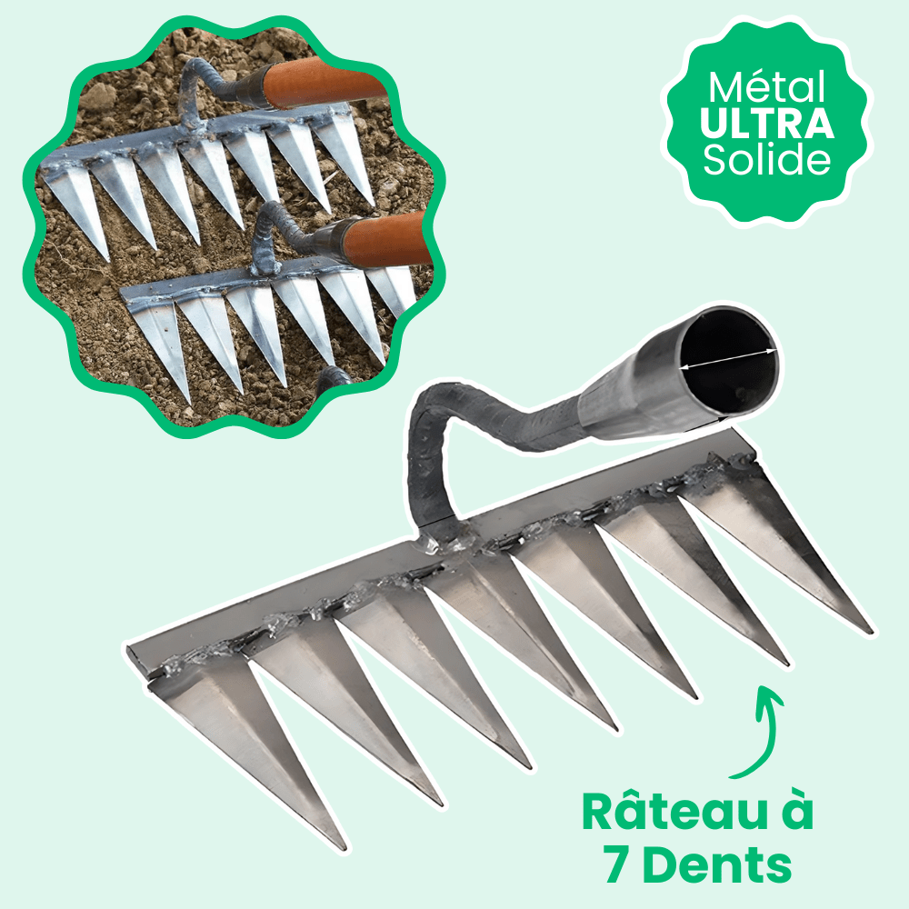 "Râteau de désherbage Jardioui en acier, efficace pour arracher mauvaises herbes du jardin, disponible en 5, 6, 7 dents."
