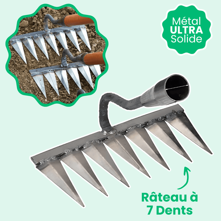 "Râteau de désherbage Jardioui en acier, efficace pour arracher mauvaises herbes du jardin, disponible en 5, 6, 7 dents."