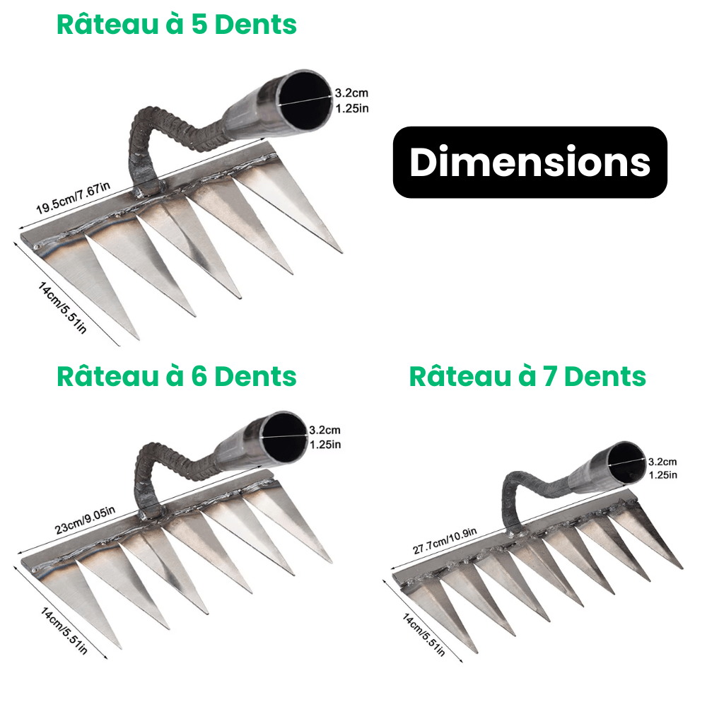 "Râteau de désherbage Jardioui en acier, efficace pour arracher mauvaises herbes du jardin, disponible en 5, 6, 7 dents."
