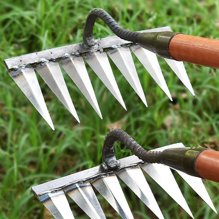 "Râteau de désherbage Jardioui en acier, efficace pour arracher mauvaises herbes du jardin, disponible en 5, 6, 7 dents."