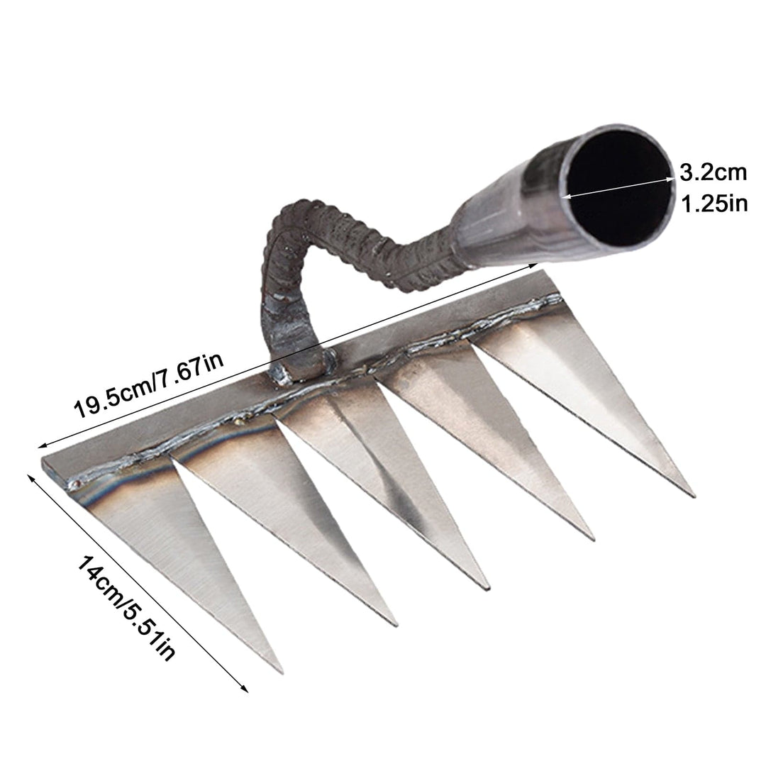 "Râteau de désherbage Jardioui en acier, efficace pour arracher mauvaises herbes du jardin, disponible en 5, 6, 7 dents."