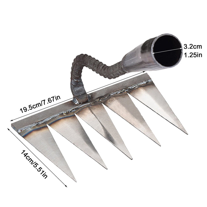 "Râteau de désherbage Jardioui en acier, efficace pour arracher mauvaises herbes du jardin, disponible en 5, 6, 7 dents."