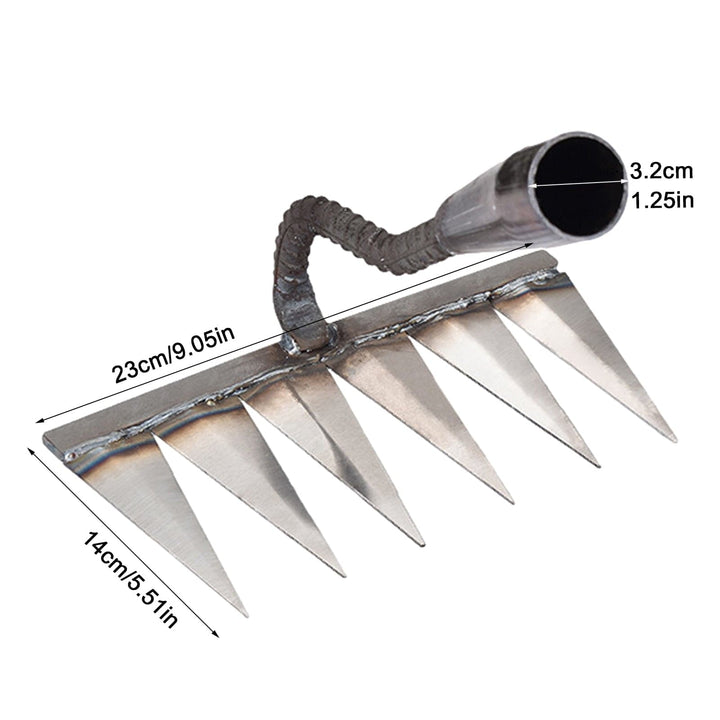 "Râteau de désherbage Jardioui en acier, efficace pour arracher mauvaises herbes du jardin, disponible en 5, 6, 7 dents."