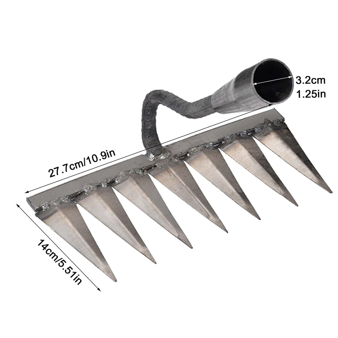 "Râteau de désherbage Jardioui en acier, efficace pour arracher mauvaises herbes du jardin, disponible en 5, 6, 7 dents."