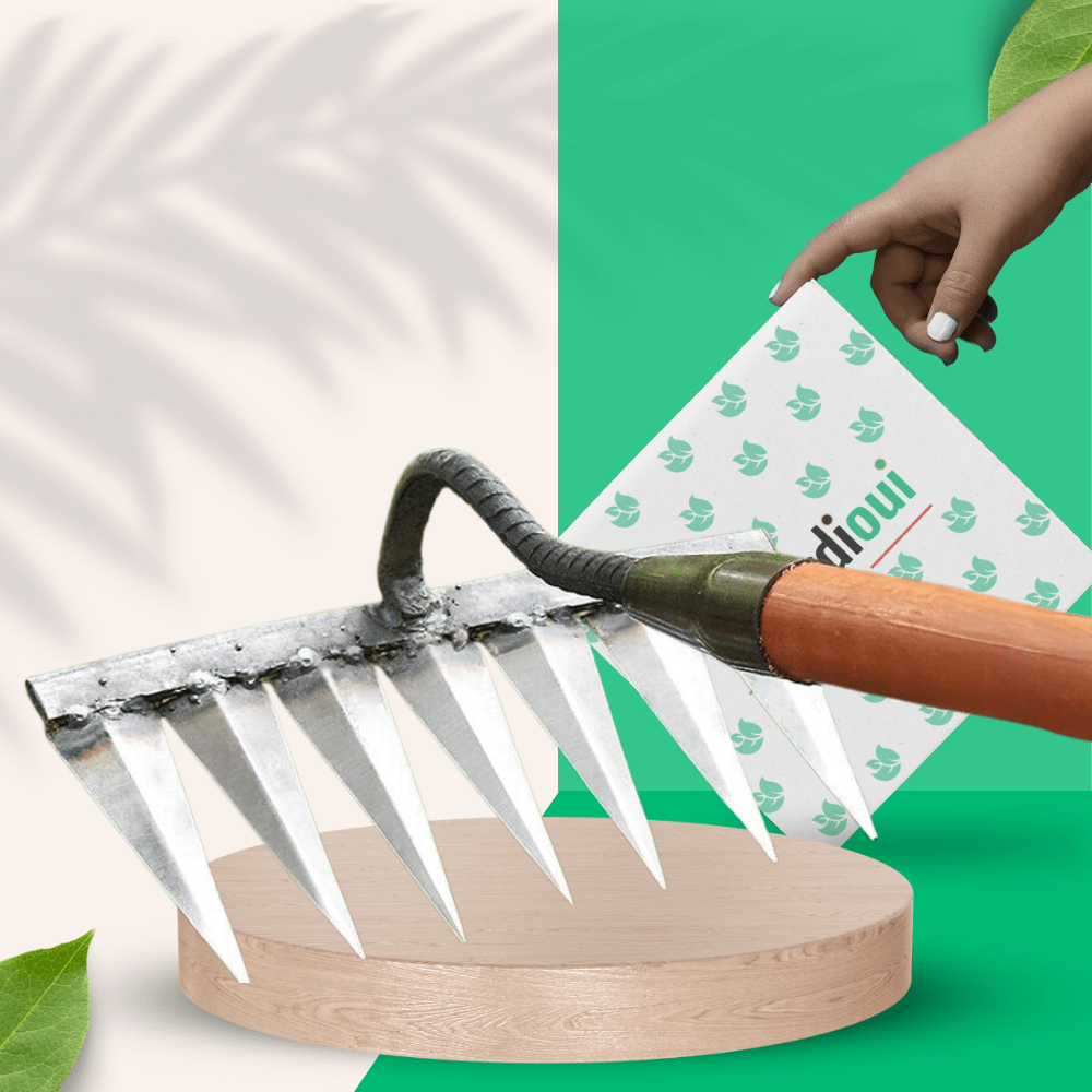 "Râteau de désherbage Jardioui en acier, efficace pour arracher mauvaises herbes du jardin, disponible en 5, 6, 7 dents."