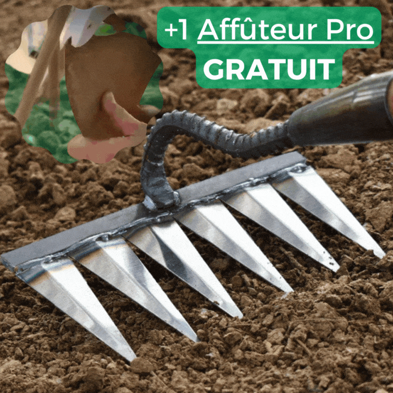"Râteau de désherbage Jardioui en acier, efficace pour arracher mauvaises herbes du jardin, disponible en 5, 6, 7 dents."