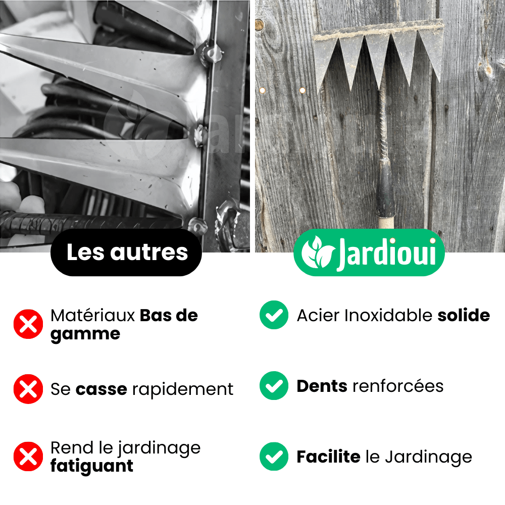 "Râteau de désherbage Jardioui en acier, efficace pour arracher mauvaises herbes du jardin, disponible en 5, 6, 7 dents."