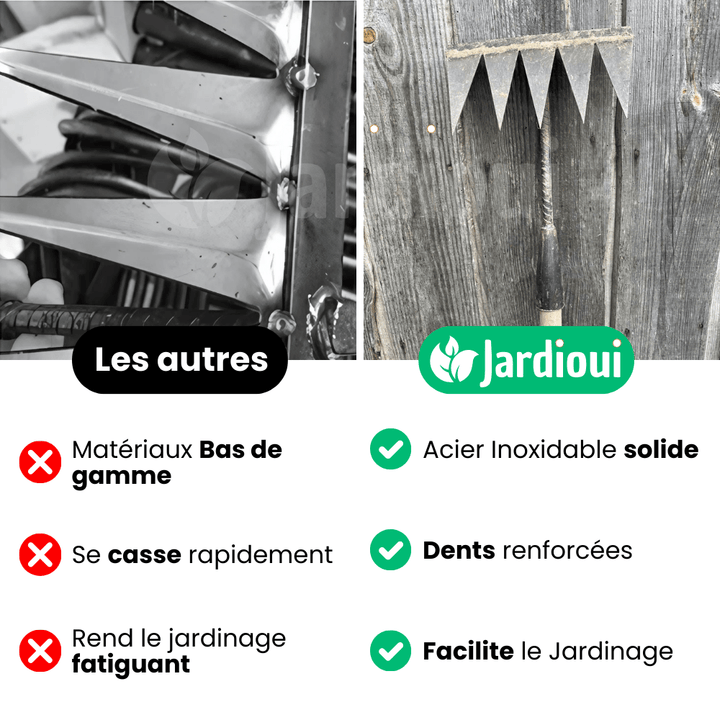 "Râteau de désherbage Jardioui en acier, efficace pour arracher mauvaises herbes du jardin, disponible en 5, 6, 7 dents."