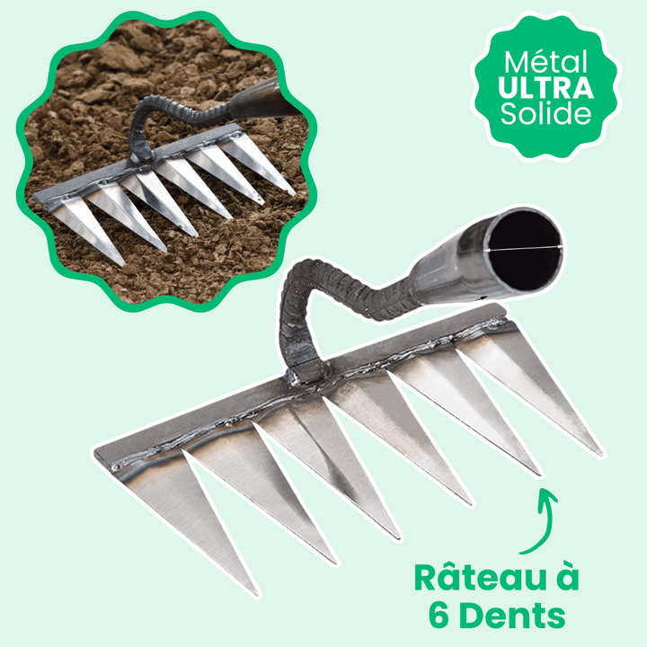 "Râteau de désherbage Jardioui en acier, efficace pour arracher mauvaises herbes du jardin, disponible en 5, 6, 7 dents."