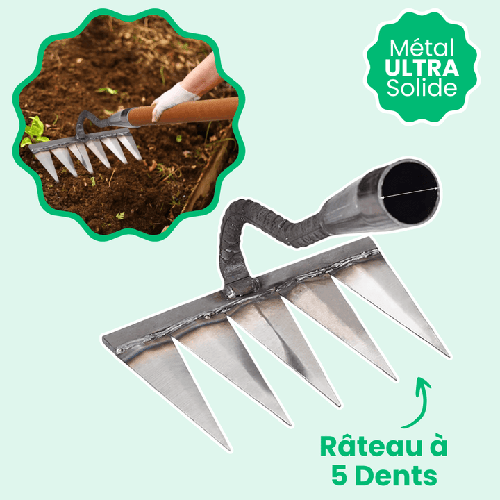 "Râteau de désherbage Jardioui en acier, efficace pour arracher mauvaises herbes du jardin, disponible en 5, 6, 7 dents."