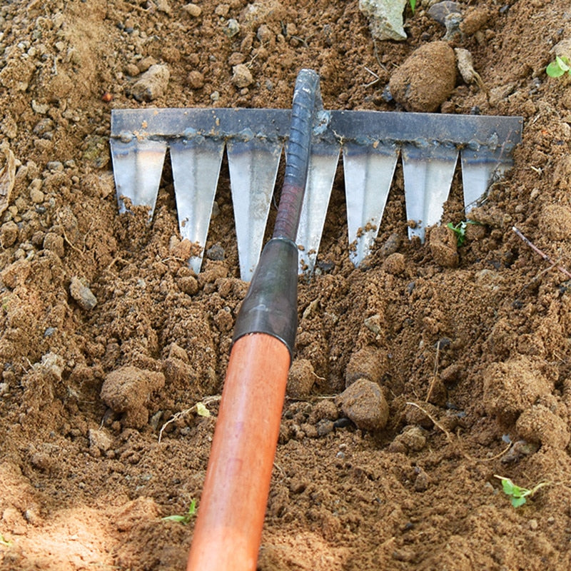 "Râteau de jardin en acier au carbone, 5 dents, robuste et polyvalent, pour désherber et ameublir le sol efficacement."