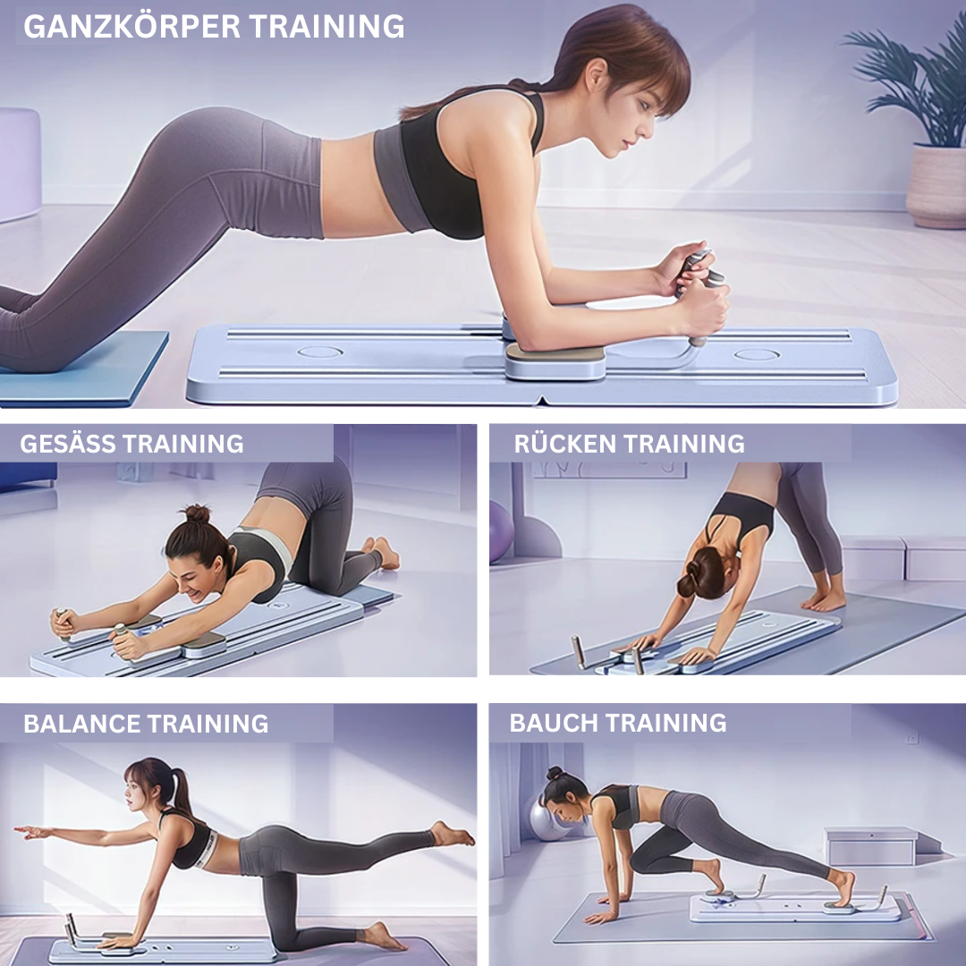 Réformateur Pilates compact noir pour maison, tonification et souplesse, élastiques résistants, usage débutant à avancé.
