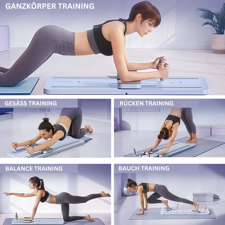 Réformateur Pilates compact noir pour maison, tonification et souplesse, élastiques résistants, usage débutant à avancé.