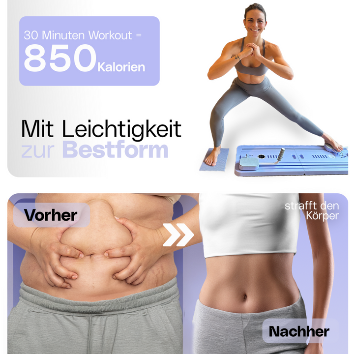 Réformateur Pilates compact noir pour maison, tonification et souplesse, élastiques résistants, usage débutant à avancé.