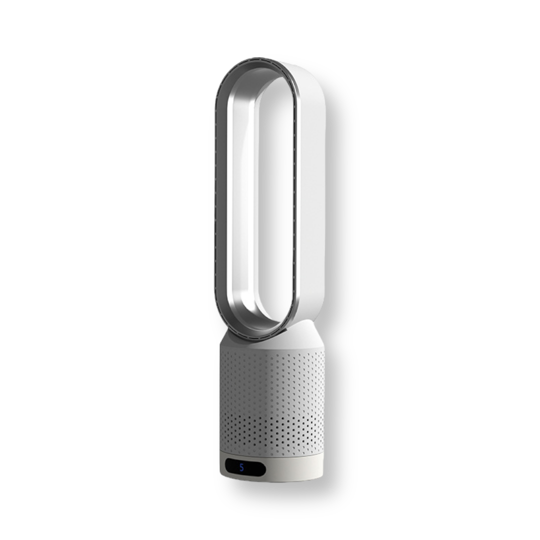 "Refroidisseur d'air polyvalent blanc avec bords argentés, technologie 3 en 1 pour purification et refroidissement efficace."