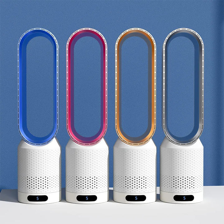 "Refroidisseur d'air polyvalent blanc avec bords argentés, technologie 3 en 1 pour purification et refroidissement efficace."