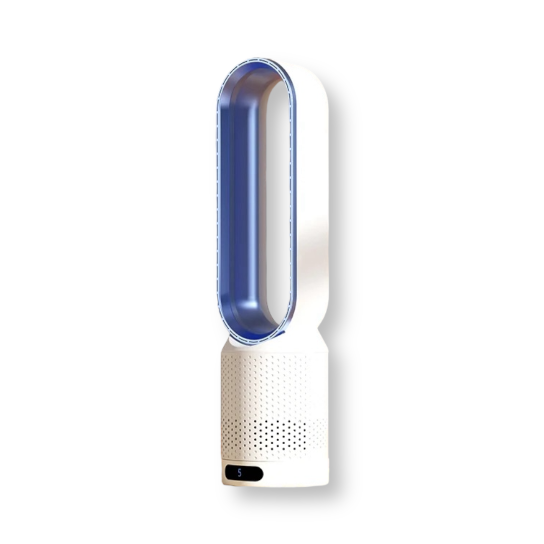 "Refroidisseur d'air polyvalent blanc avec bords argentés, technologie 3 en 1 pour purification et refroidissement efficace."