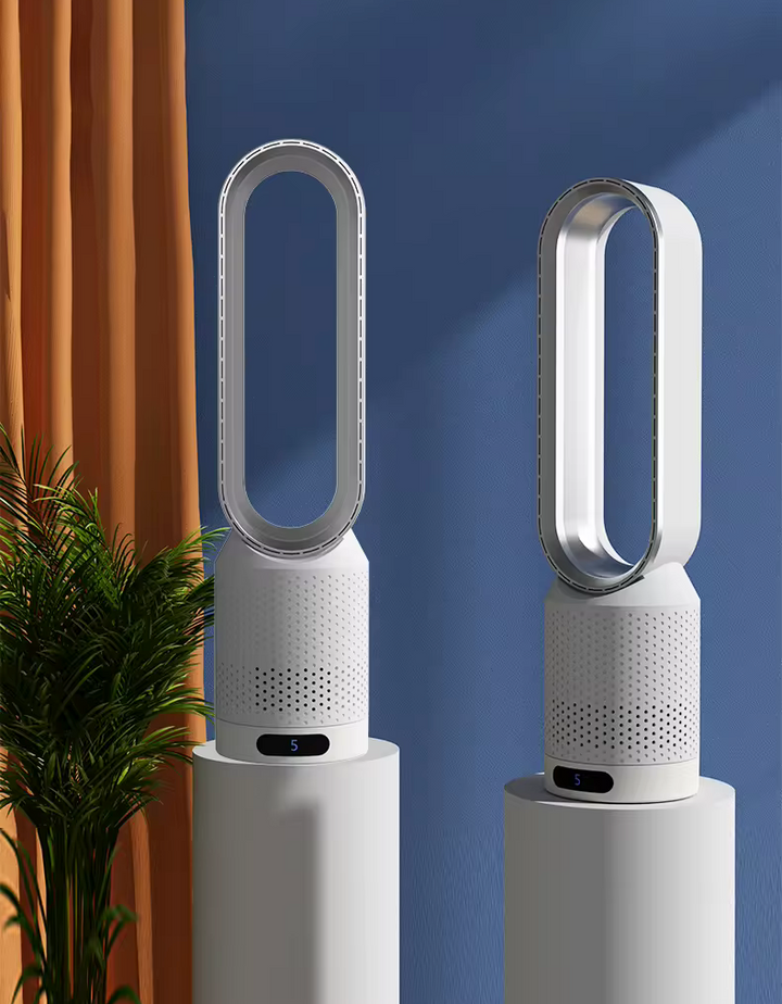 "Refroidisseur d'air polyvalent blanc avec bords argentés, technologie 3 en 1 pour purification et refroidissement efficace."