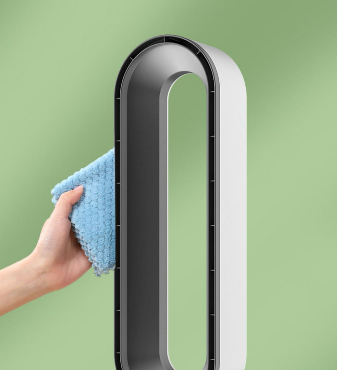 "Refroidisseur d'air polyvalent blanc avec bords argentés, technologie 3 en 1 pour purification et refroidissement efficace."