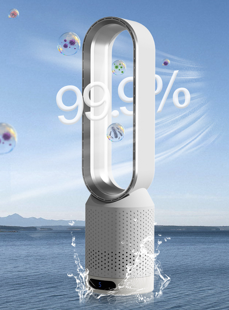 "Refroidisseur d'air polyvalent blanc avec bords argentés, technologie 3 en 1 pour purification et refroidissement efficace."