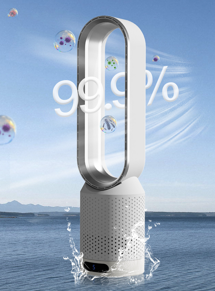 "Refroidisseur d'air polyvalent blanc avec bords argentés, technologie 3 en 1 pour purification et refroidissement efficace."