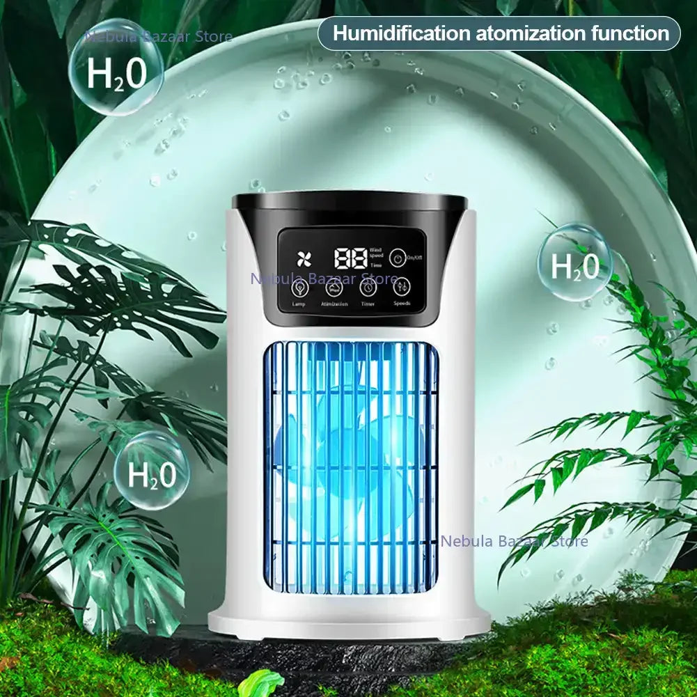 "Refroidisseur portable compact 3 en 1 avec USB, blanc, avec réservoir 300ml et 6 réglages de vent pour air frais et purifié.