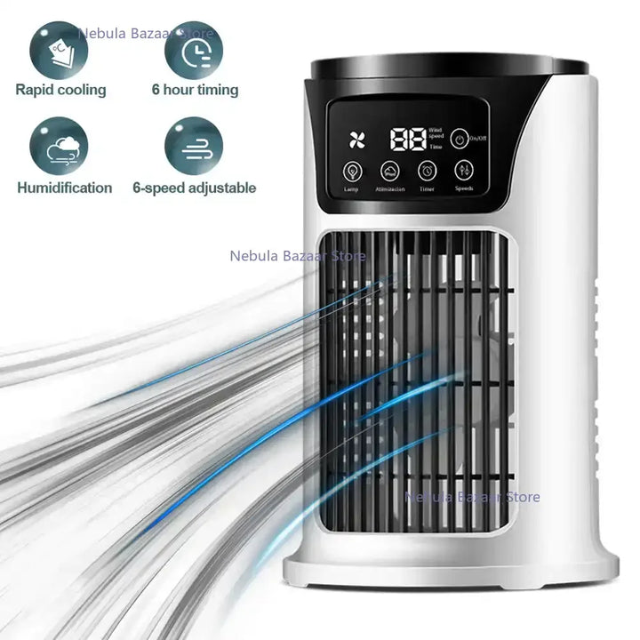 "Refroidisseur portable compact 3 en 1 avec USB, blanc, avec réservoir 300ml et 6 réglages de vent pour air frais et purifié.