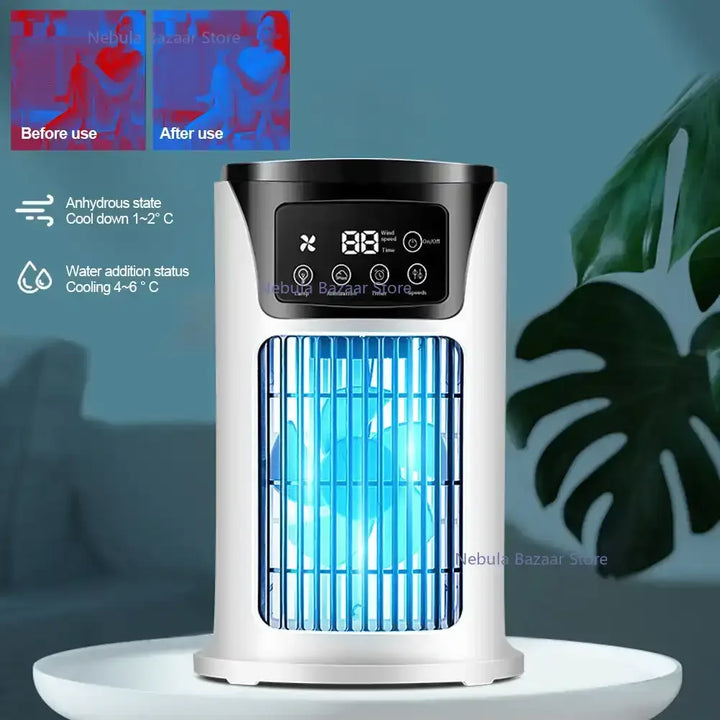 "Refroidisseur portable compact 3 en 1 avec USB, blanc, avec réservoir 300ml et 6 réglages de vent pour air frais et purifié.