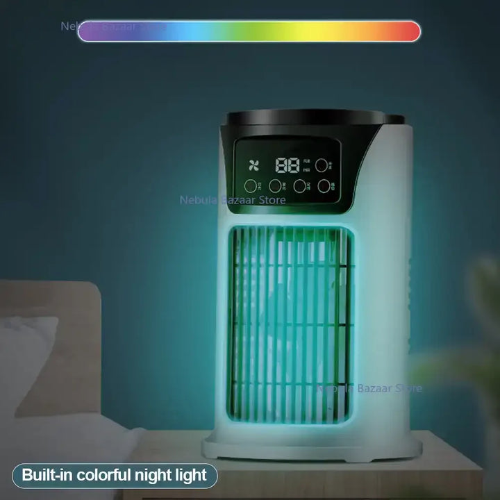 "Refroidisseur portable compact 3 en 1 avec USB, blanc, avec réservoir 300ml et 6 réglages de vent pour air frais et purifié.