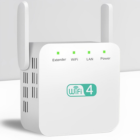 "Répéteur WiFi puissant compact, blanc, pour étendre la portée du réseau à la maison, design moderne mural."