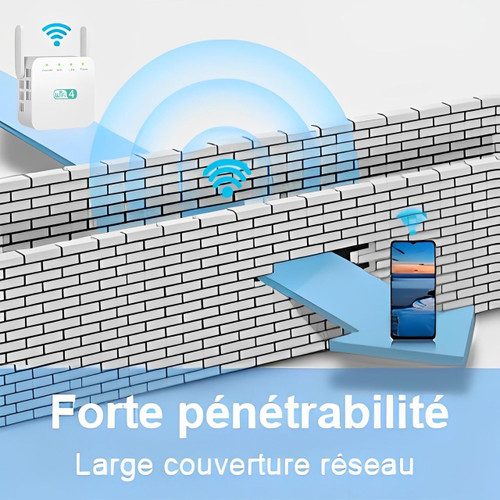 "Répéteur WiFi puissant compact, blanc, pour étendre la portée du réseau à la maison, design moderne mural."