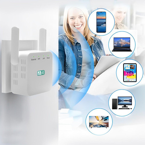 "Répéteur WiFi puissant compact, blanc, pour étendre la portée du réseau à la maison, design moderne mural."