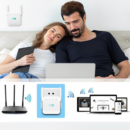"Répéteur WiFi puissant compact, blanc, pour étendre la portée du réseau à la maison, design moderne mural."
