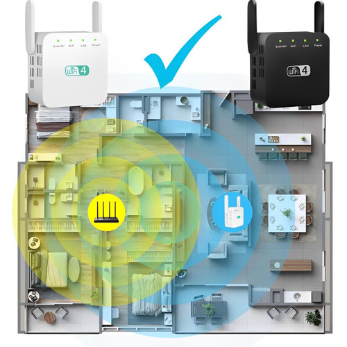 "Répéteur WiFi puissant compact, blanc, pour étendre la portée du réseau à la maison, design moderne mural."