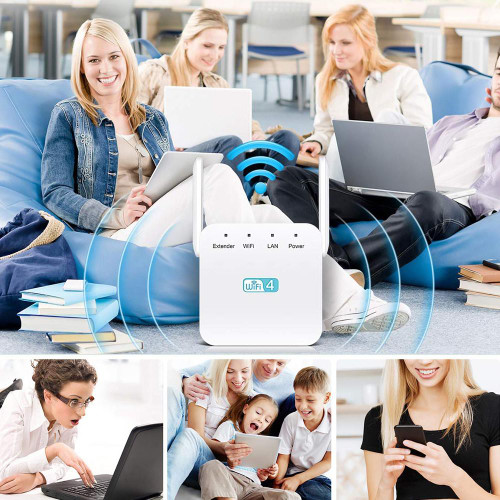 "Répéteur WiFi puissant compact, blanc, pour étendre la portée du réseau à la maison, design moderne mural."