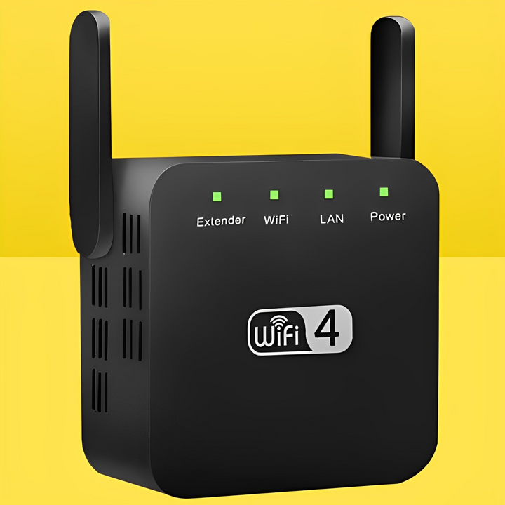 "Répéteur WiFi puissant compact, blanc, pour étendre la portée du réseau à la maison, design moderne mural."