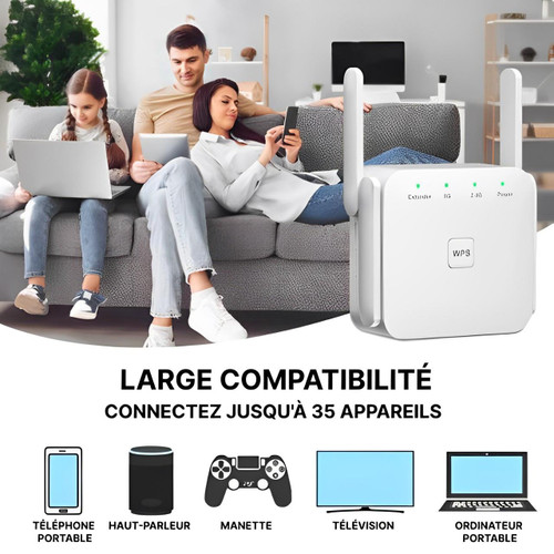 "Répéteur WiFi puissant compact, blanc, pour étendre la portée du réseau à la maison, design moderne mural."