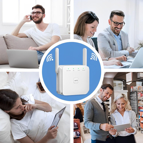 "Répéteur WiFi puissant compact, blanc, pour étendre la portée du réseau à la maison, design moderne mural."