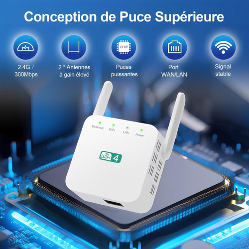 "Répéteur WiFi puissant compact, blanc, pour étendre la portée du réseau à la maison, design moderne mural."