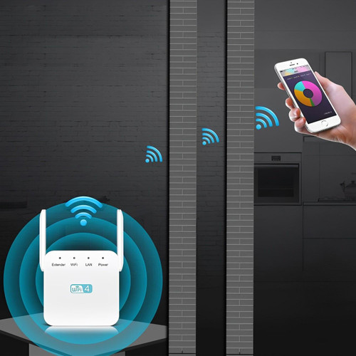 "Répéteur WiFi puissant compact, blanc, pour étendre la portée du réseau à la maison, design moderne mural."