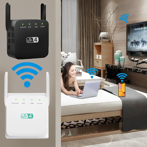 "Répéteur WiFi puissant compact, blanc, pour étendre la portée du réseau à la maison, design moderne mural."