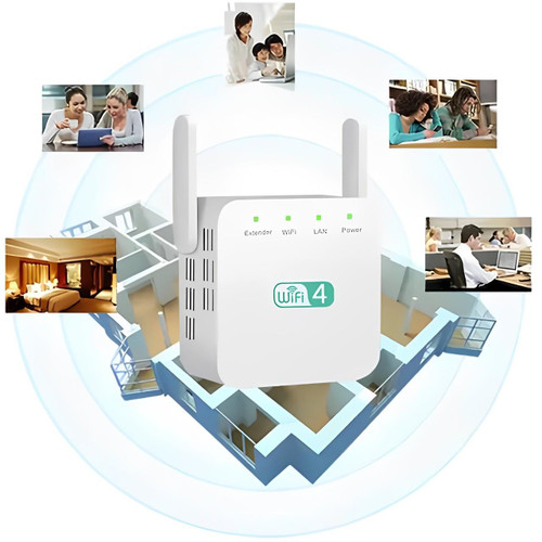 "Répéteur WiFi puissant compact, blanc, pour étendre la portée du réseau à la maison, design moderne mural."
