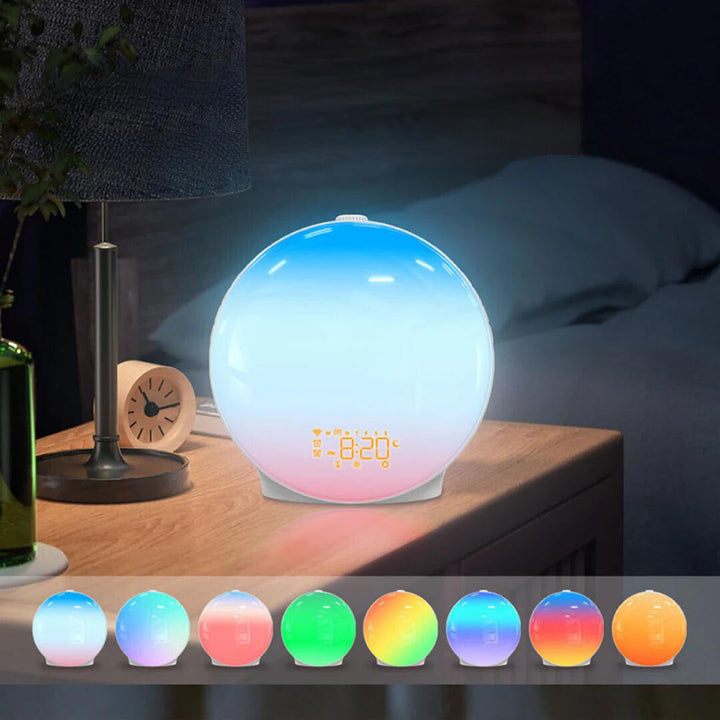 "Réveil lumière naturelle moderne, design élégant, mode veilleuse, sons apaisants, simulation lever soleil, déco maison."