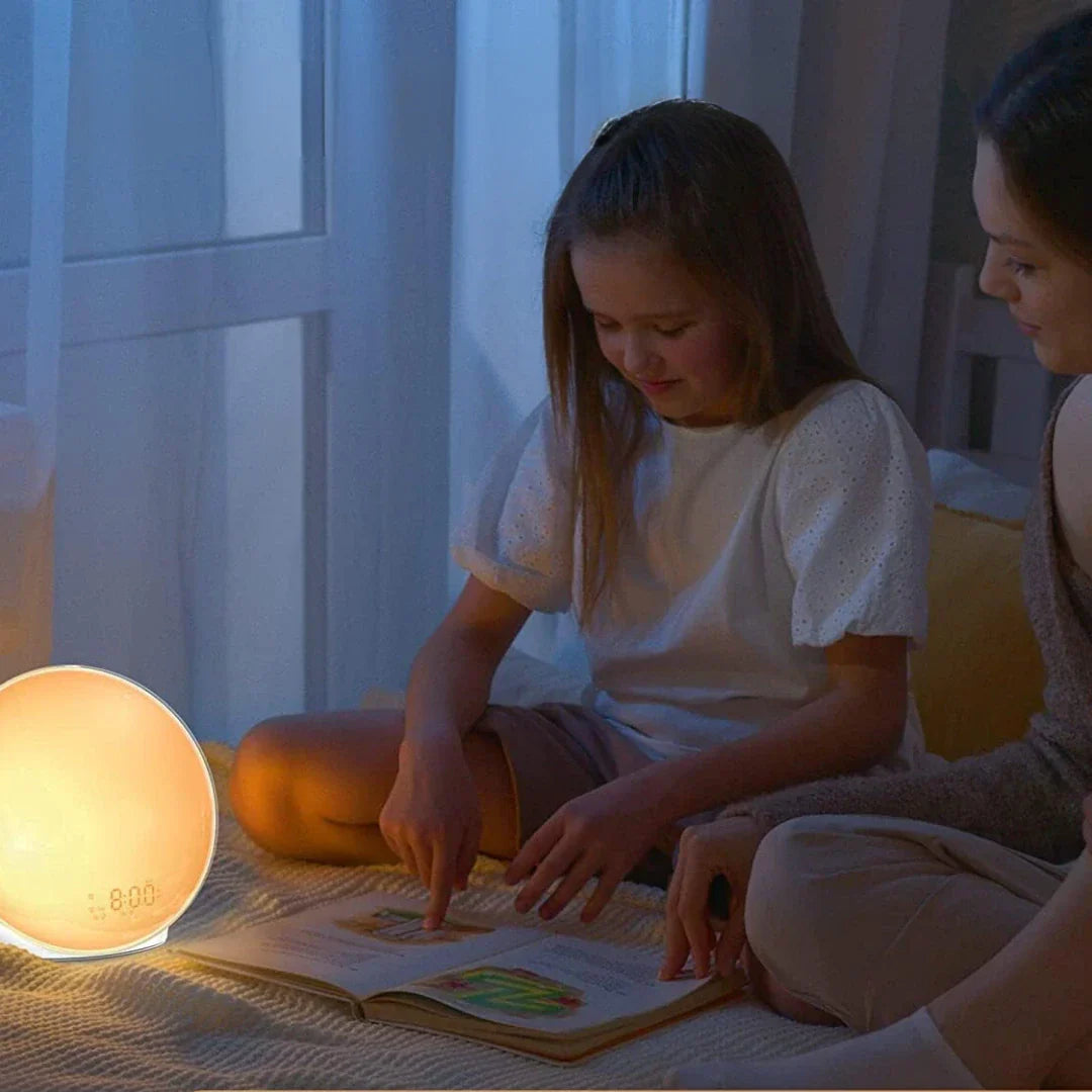 "Réveil lumière naturelle moderne, design élégant, mode veilleuse, sons apaisants, simulation lever soleil, déco maison."